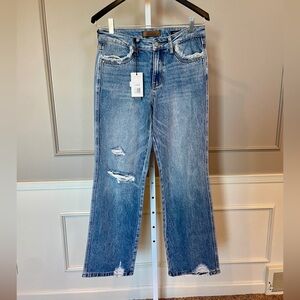 NEW Judy Blue 90s Straight High Rise Rigid Front Raw Hem Distress Med Wash 7/28